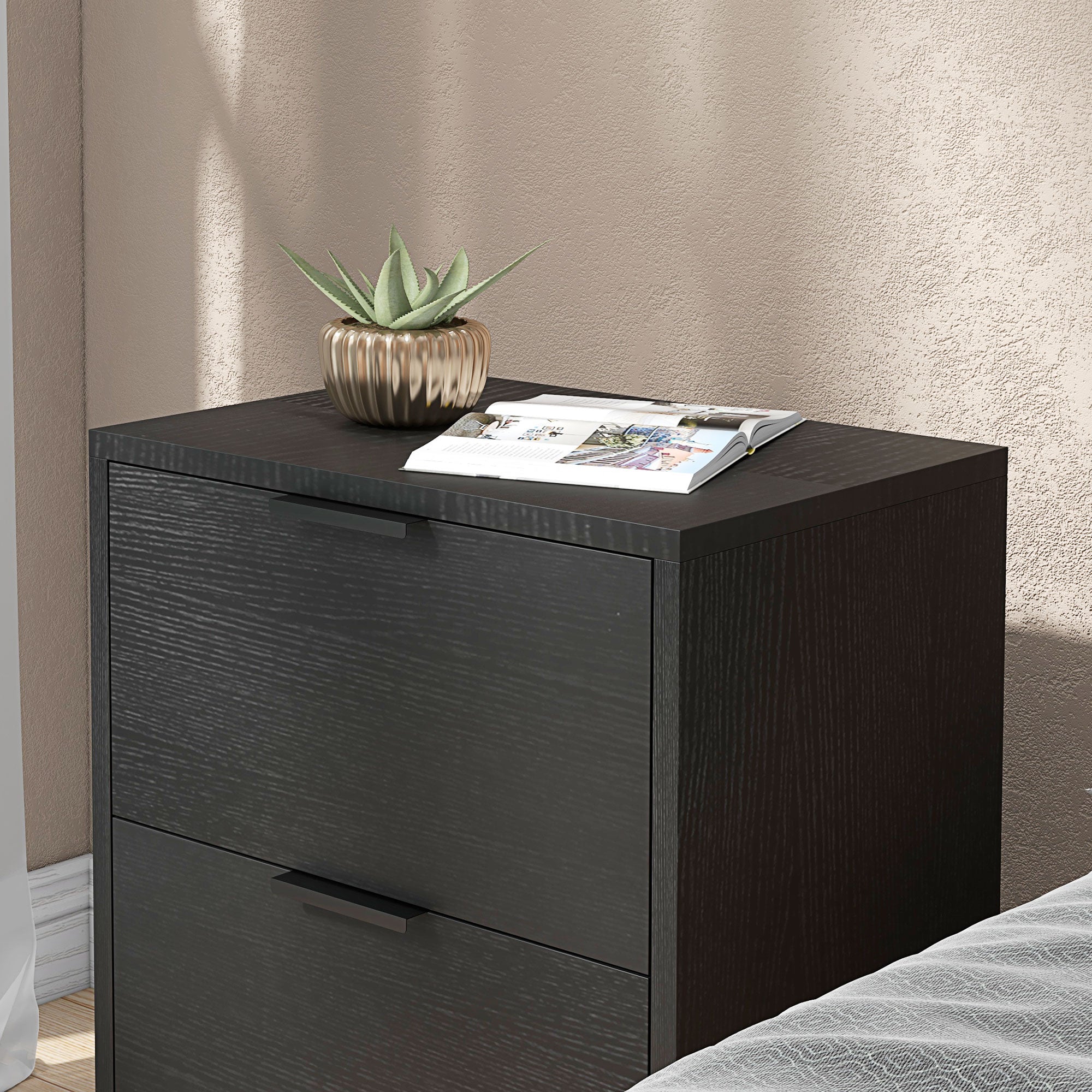 Set of Two Wood Effect Bedside Tables with Silver Tone Steel Base, Black