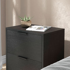 Set of Two Wood Effect Bedside Tables with Silver Tone Steel Base, Black