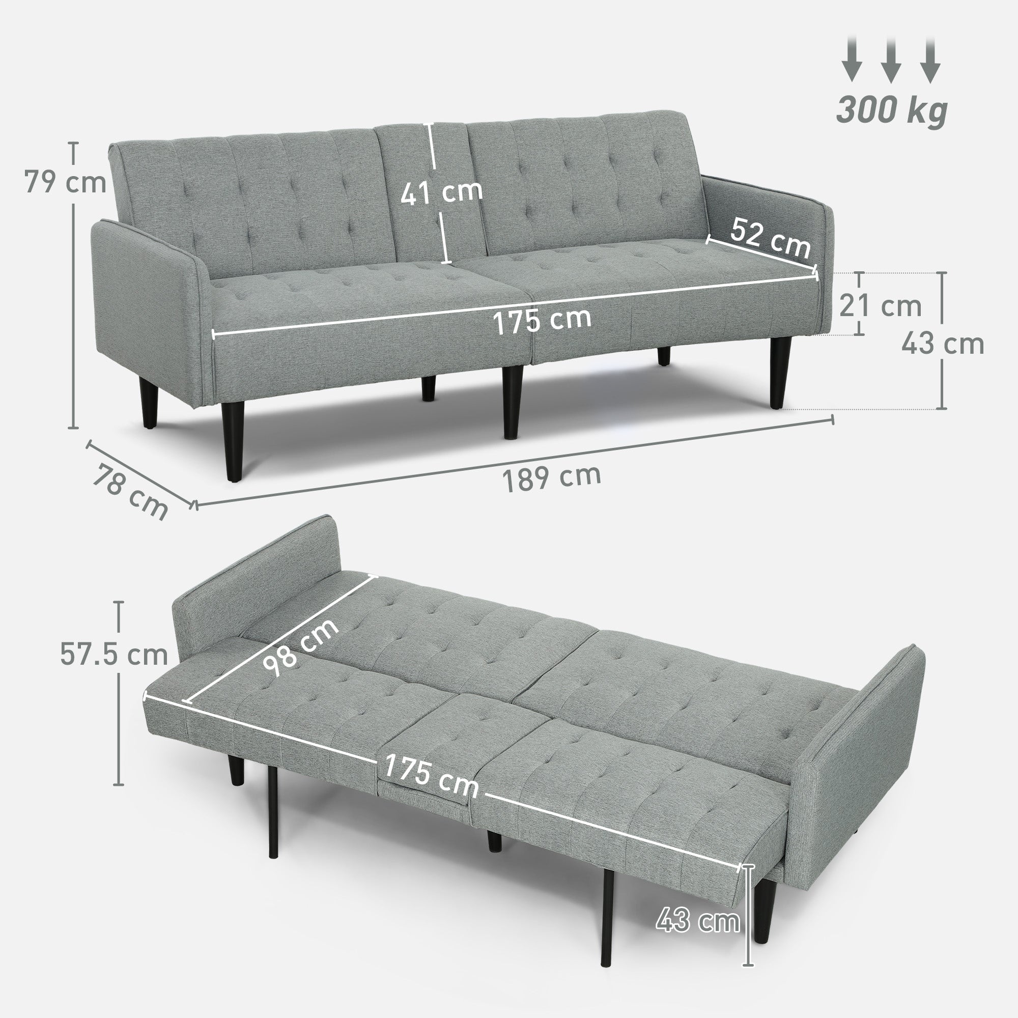 Three-Seater Sofa Bed, with Cupholders - Light Grey
