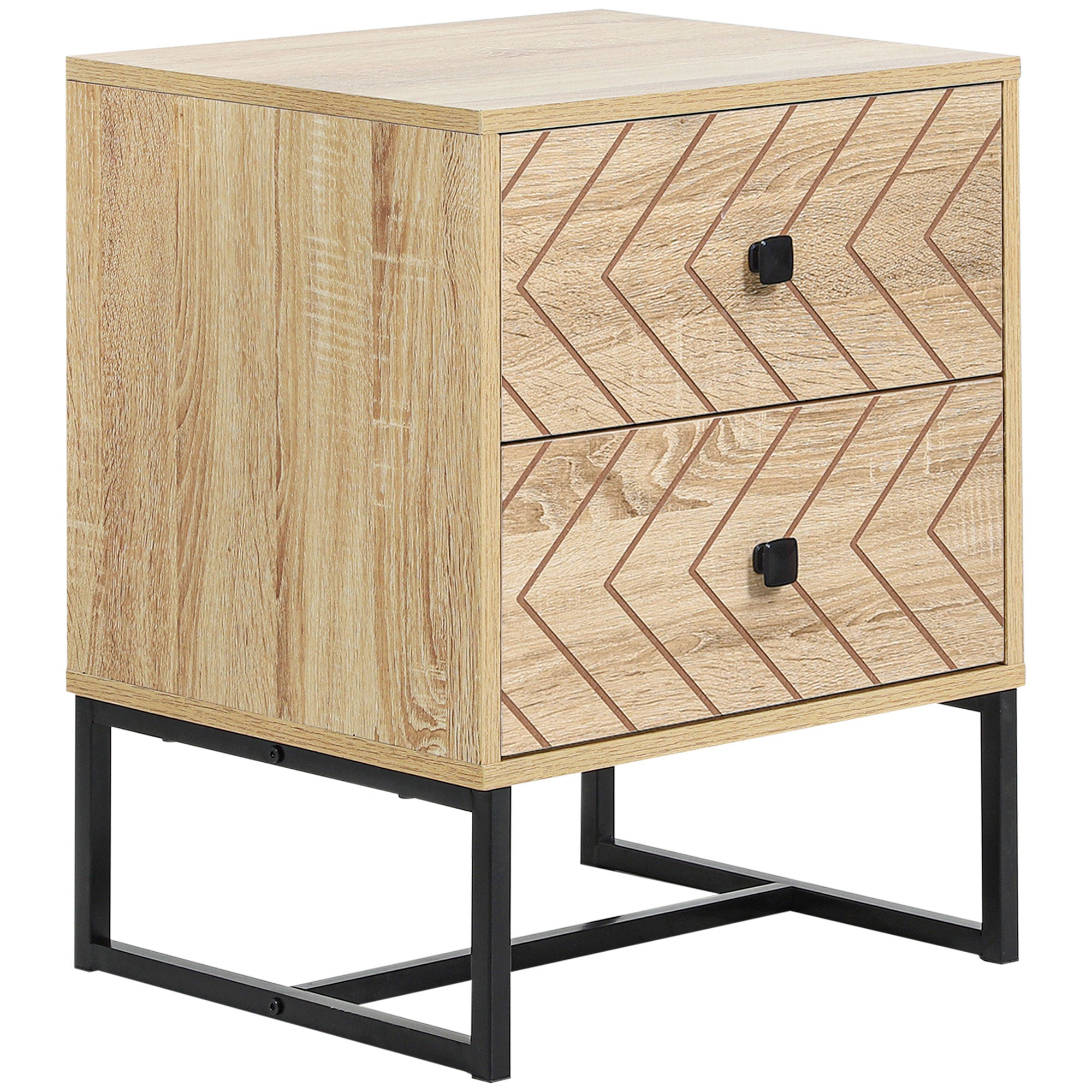 Bedside Table Nightstand Two-Drawer Bedroom Storage Unit Zig Zag Design with Black Metal Handles, Natural