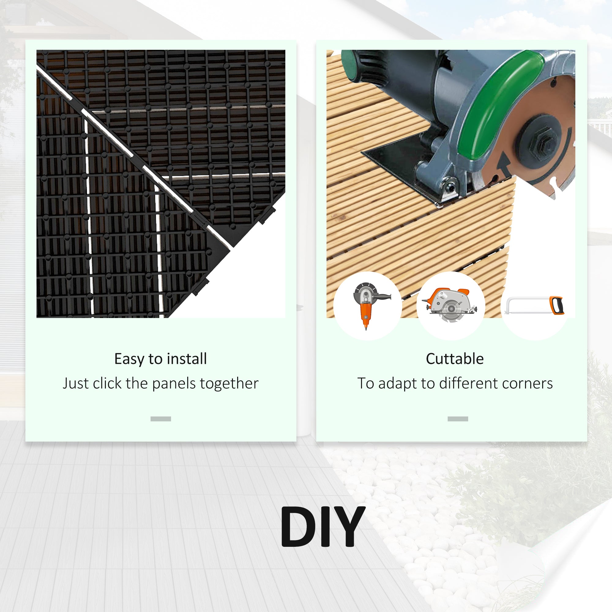 27 Pcs Wooden Interlocking Decking Tiles, 30 x 30 cm Anti-slip Outdoor Flooring Tiles, 0.81㎡ per Pack, All Weather Use for Patio, Balcony, Terrace, Hot Tub, Yellow