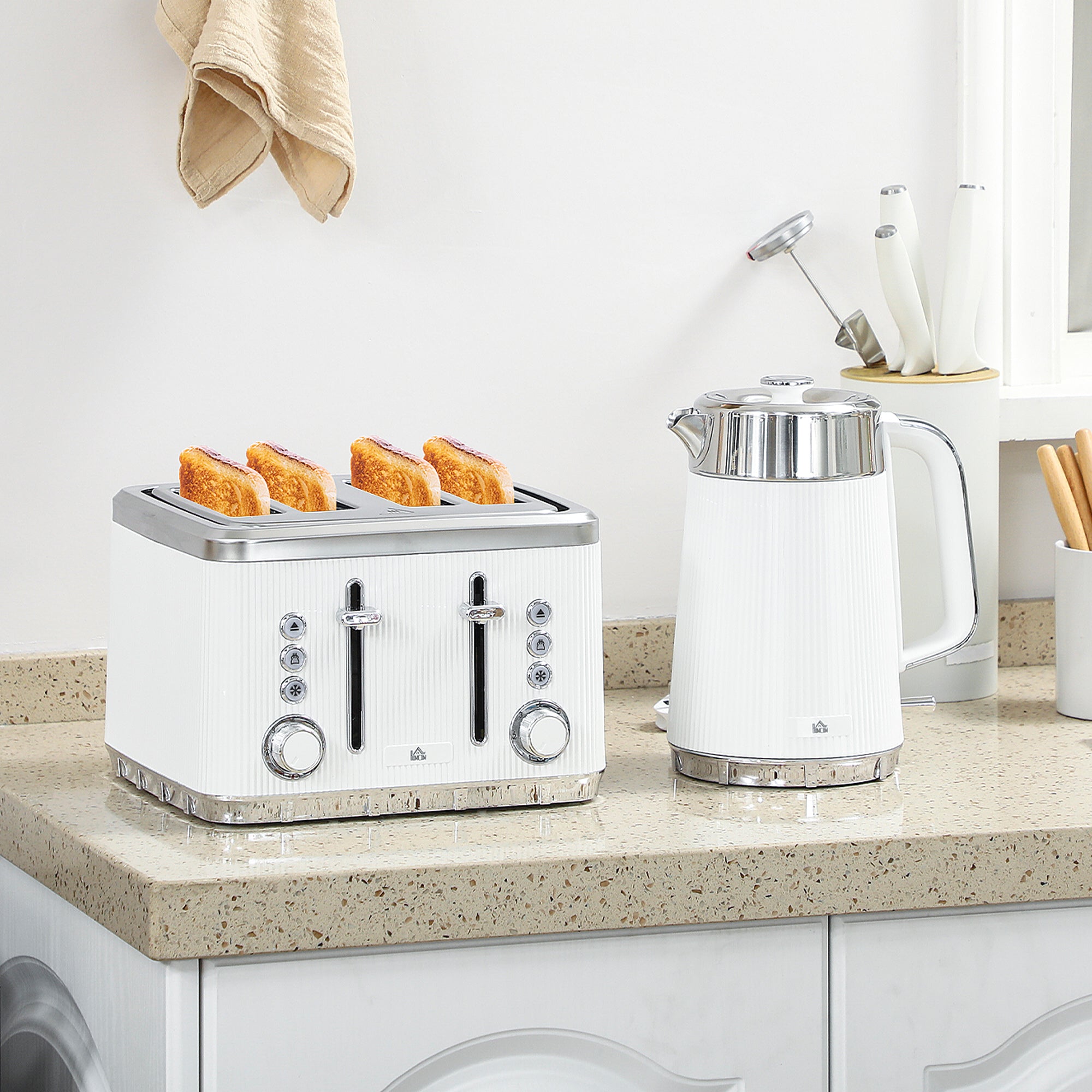 Electric Kettle and Toaster Set, 3000W 1.7L UK Strix Thermostat Rapid Boil Jug Kettle with Limescale Filter, Cool Touch Body, 4 Slice Toaster with 7 Browning Controls, Crumb Tray, White