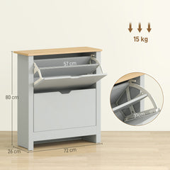 Fynco - Slim Shoe Cabinet, Narrow Shoe Cupboard with 2 Flip Drawers, Adjustable Shelves for 12 Pairs of Shoes, Light Grey