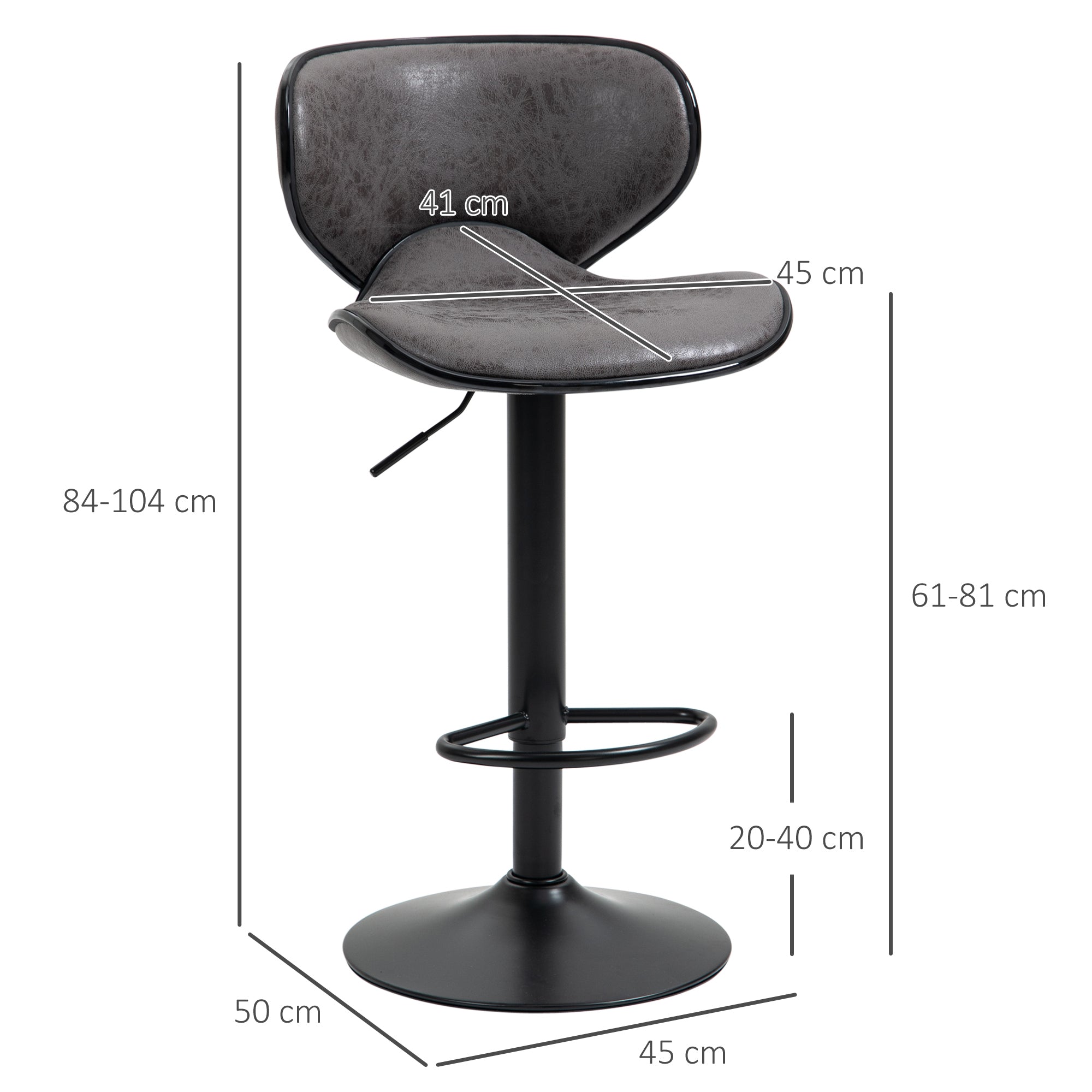 Adjustable Bar Stools Set of 2, Swivel Leathaire Upholstered Barstools with Large Seat, Breakfast Bar Chairs with Back, Footrest and Steel Base, Dark Grey