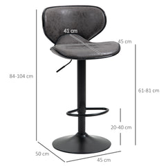 Adjustable Bar Stools Set of 2, Swivel Leathaire Upholstered Barstools with Large Seat, Breakfast Bar Chairs with Back, Footrest and Steel Base, Dark Grey