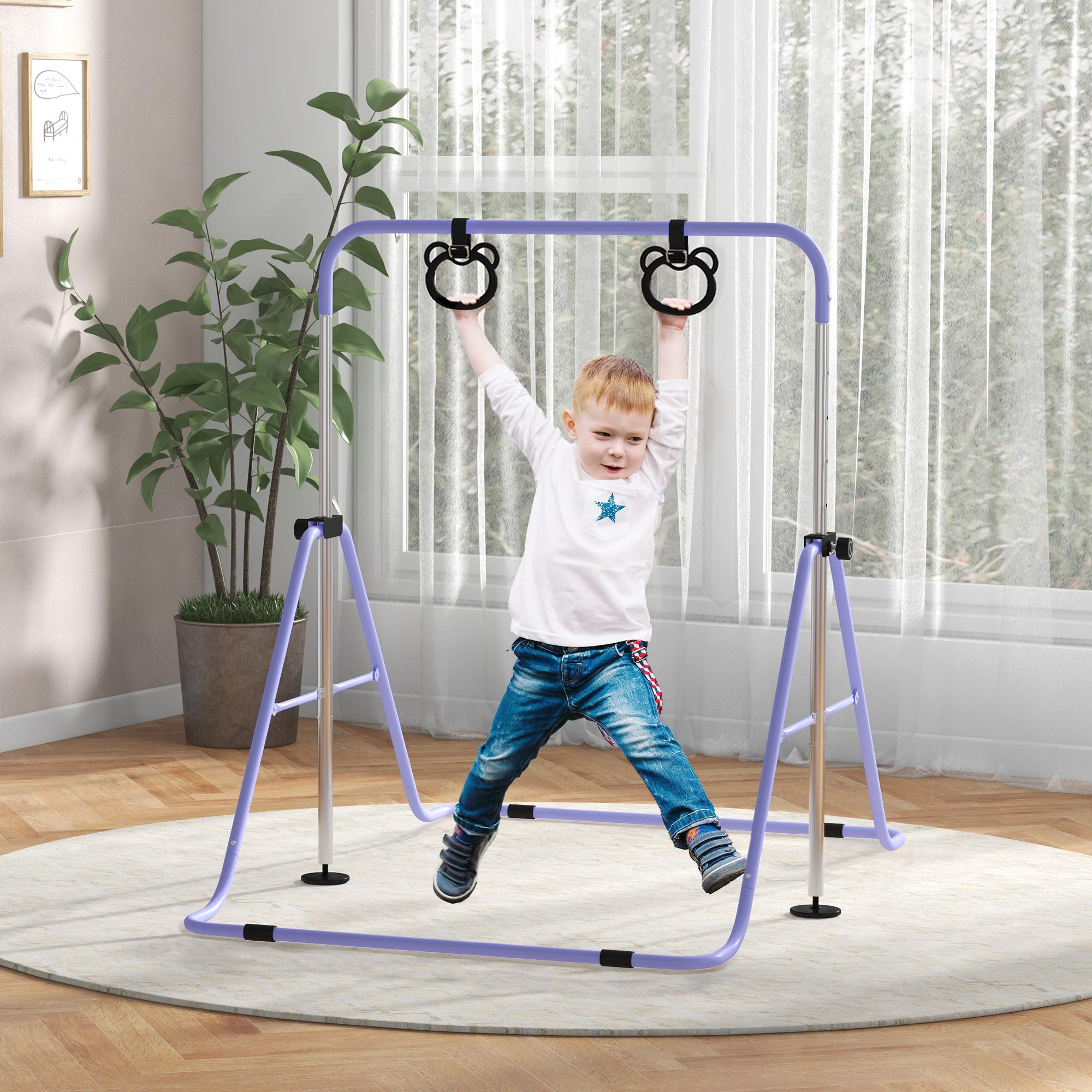 Adjustable Height, Foldable Kids Gymnastics Bar w/ Non-slip Rubber Floor Rings, for 3+ Years, Purple