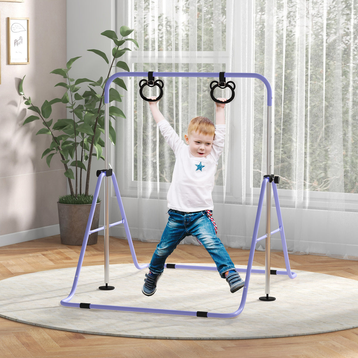Adjustable Height, Foldable Kids Gymnastics Bar w/ Non-slip Rubber Floor Rings, for 3+ Years, Purple