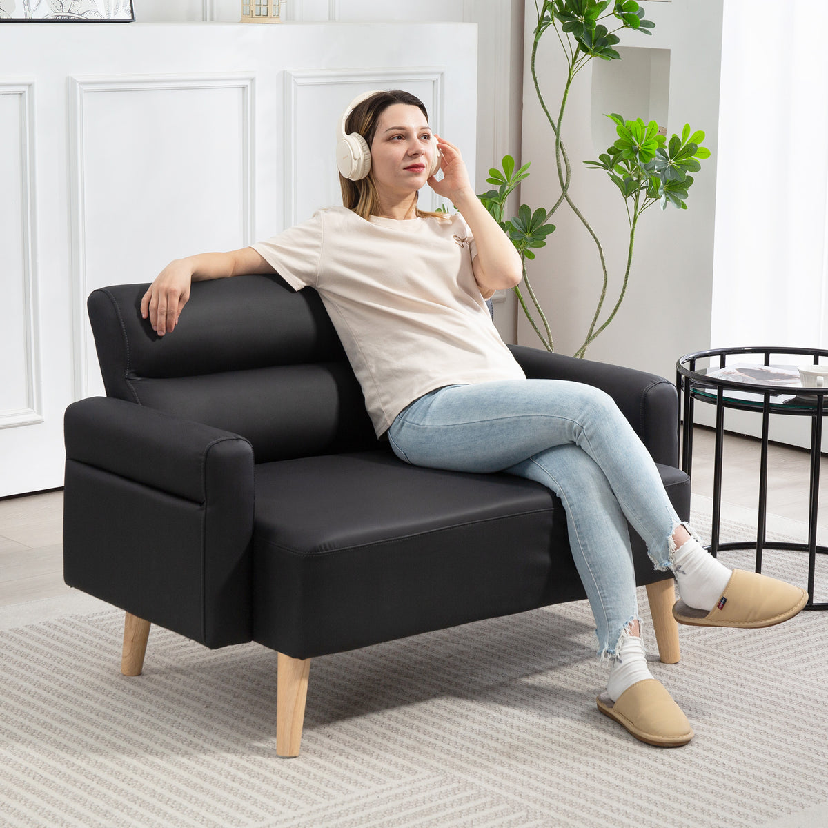 Small Faux Leather 2 Seater Sofa Settee - Black