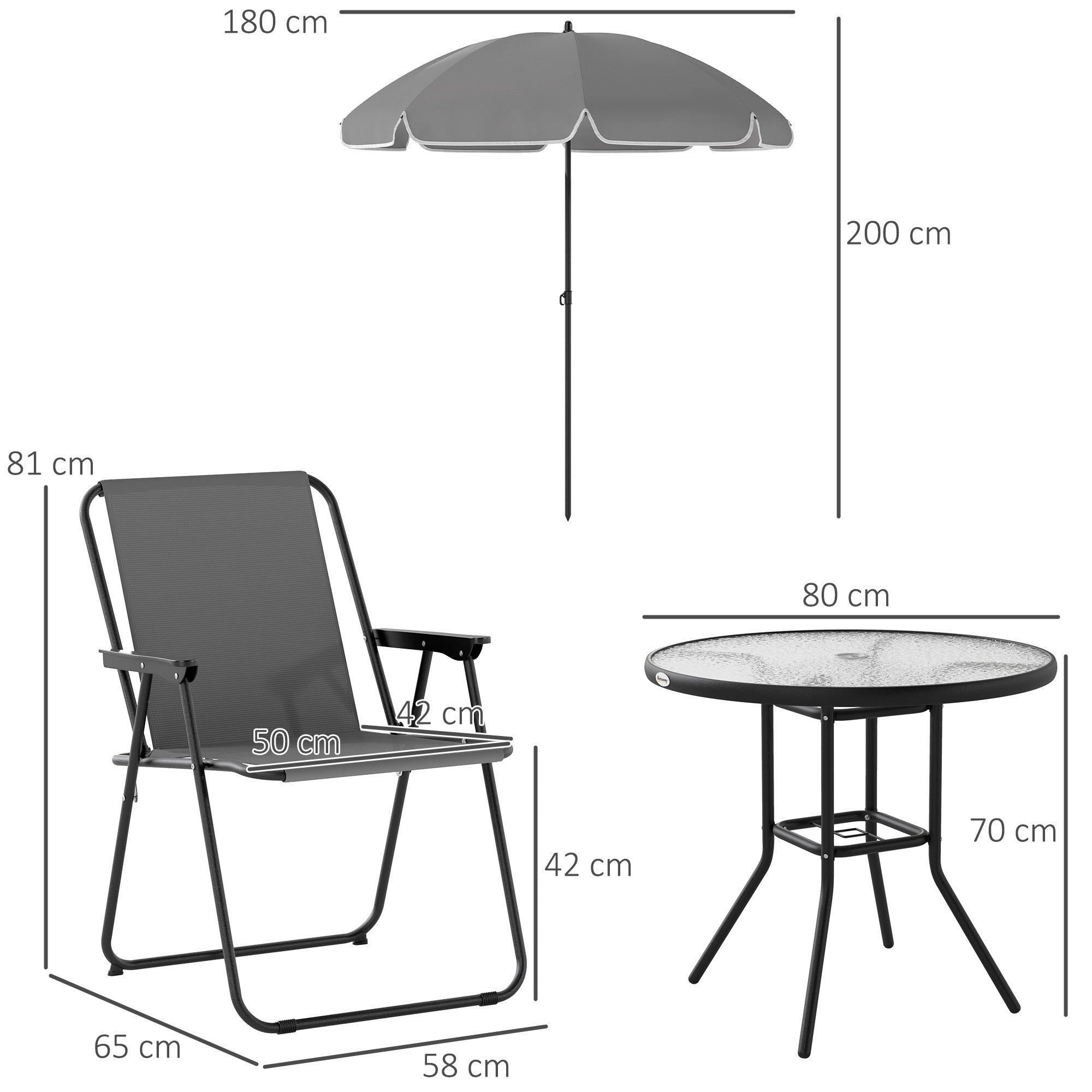 4 Seater Garden Furniture Set, 6 Pieces Garden Table and Chairs with Parasol, Outdoor Garden Dining Set with Folding Chairs and Round Glass Top Table for Patio, Grey