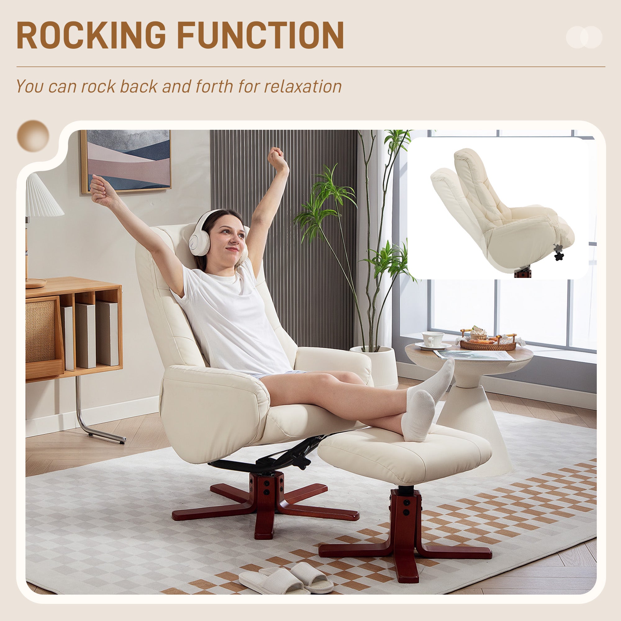 Fynco - Rocking Recliner Chair with Footstool, PU Leather Recliner Armchair with Wood Base, Upholstered Reclining Chair for Living Room Bedroom, Cream