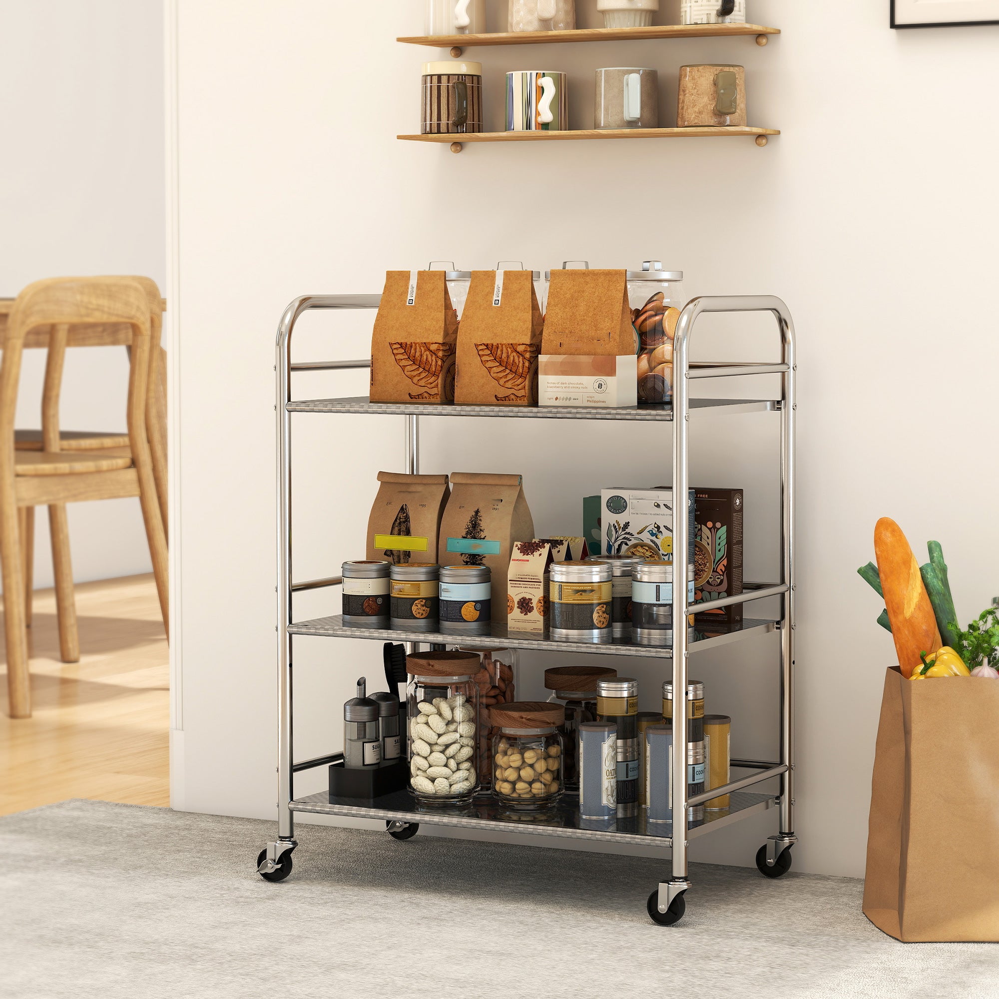 Fynco - 3 Tier Stainless Steel Kitchen Storage Trolley with Adjustable Shelf - Silver