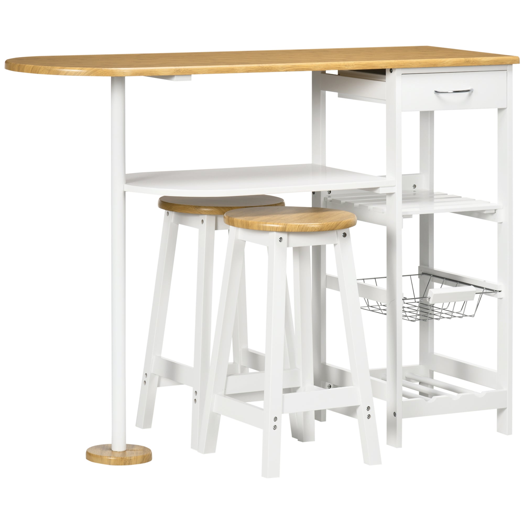 3 Piece Bar Table Set, Breakfast Bar table and Stools with Storage Shelf, Drawer, Wire Basket and Wine Rack for Kitchen, Home Bar, Natural and White