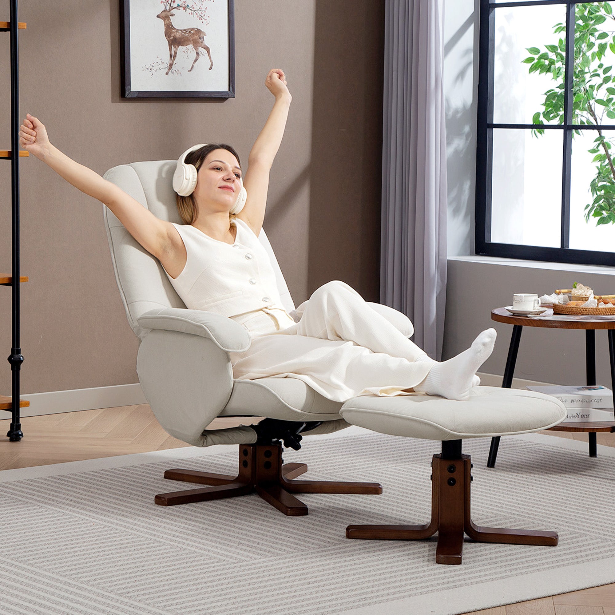 Fynco - Linen Swivel Recliner Chair with Footstool, Upholstered Reclining Armchair with Wooden Base for Living Room, Beige