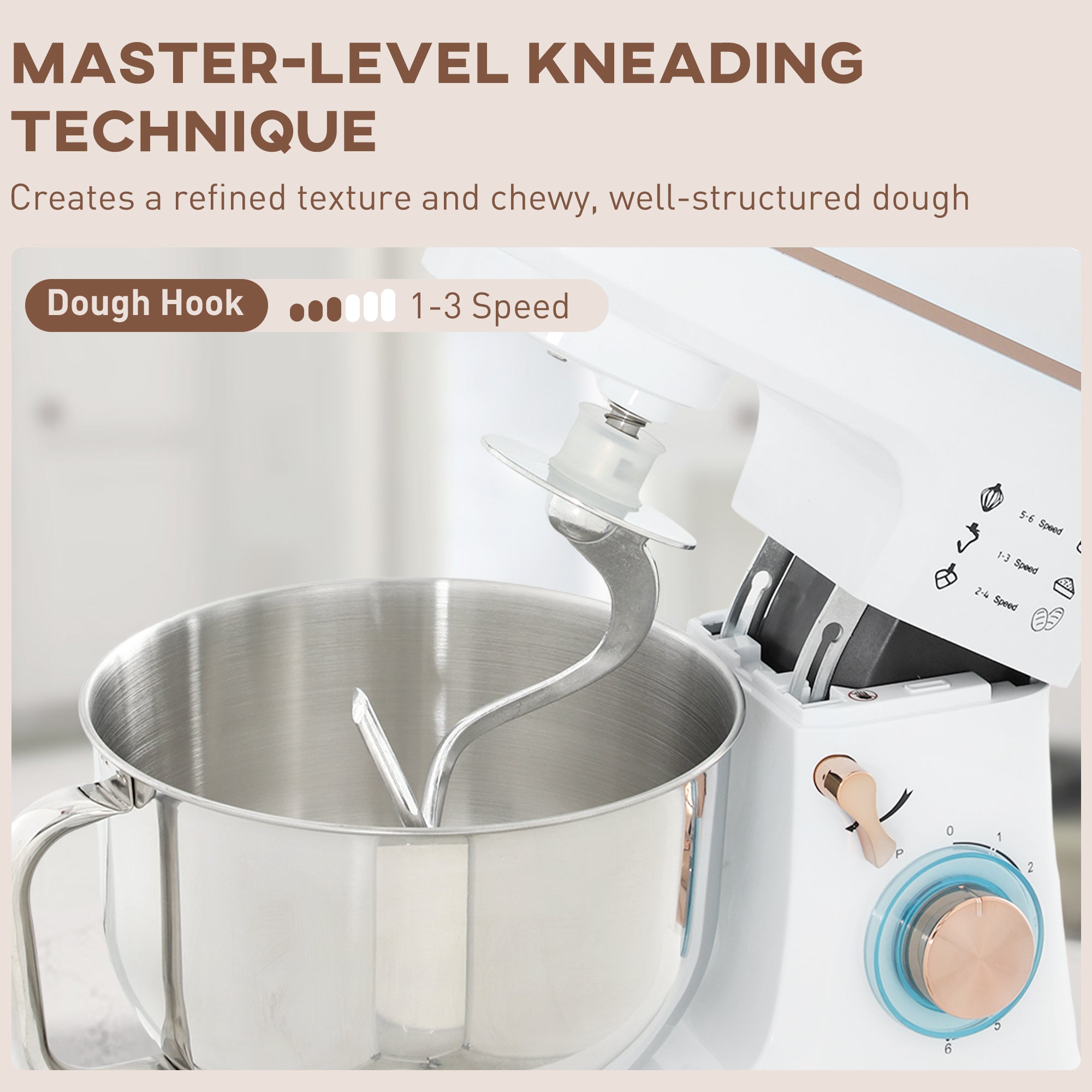 Stand Mixer, 5L Food Mixer for Baking, 6 Speeds and Pulse Setting, 1400W Cake Electric Kitchen Mixer with Dough Hook, Whisk, Stainless Steel Bowl, Splash Guard, Beater, White