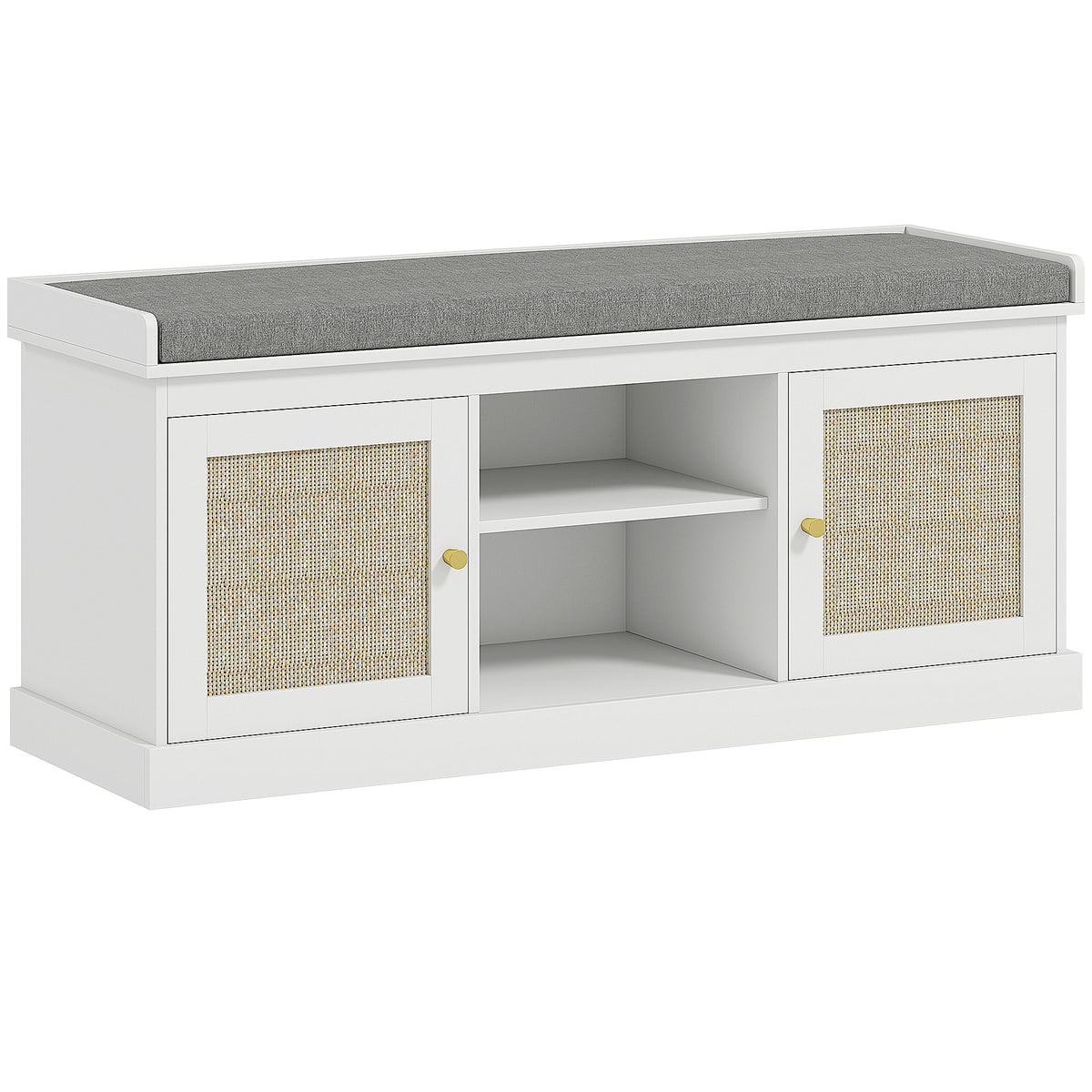 Fynco - Boho Shoe Storage Bench with Padded Cushion and Rattan Doors - White
