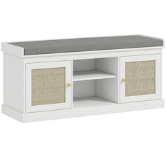 Fynco - Boho Shoe Storage Bench with Padded Cushion and Rattan Doors - White