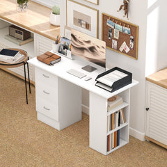 Fynco - Computer Desk, Writing Table, PC Workstation with 3 Storage Shelves and Drawers, Silver Handle, for Home Office, White