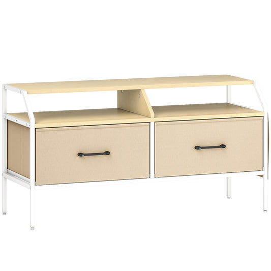TV Stand Cabinet, TV Unit for 55-inch TVs with 2 Foldable Fabric Drawers, 5 Divided Side Pockets, Open Shelves, Console Table for Living Room, Bedroom, Entertainment Room, Natural Wood Finish