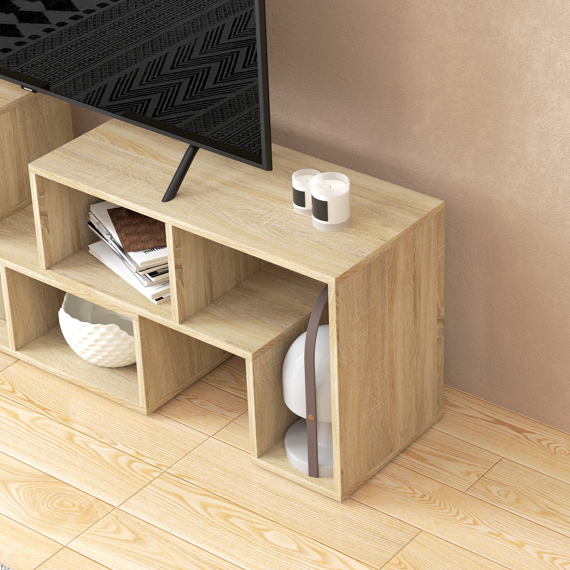 TV Stand for TVs up to 75 Inches, Free Combination TV Unit with Storage Shelves, Extendable Entertainment Centre for Living Room, Grey Oak Wood Grain
