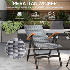 Folding Rattan Garden Dining Chair with 5-level Reclining High Back, Wood Armrests for Outdoor, Patio - Light Grey