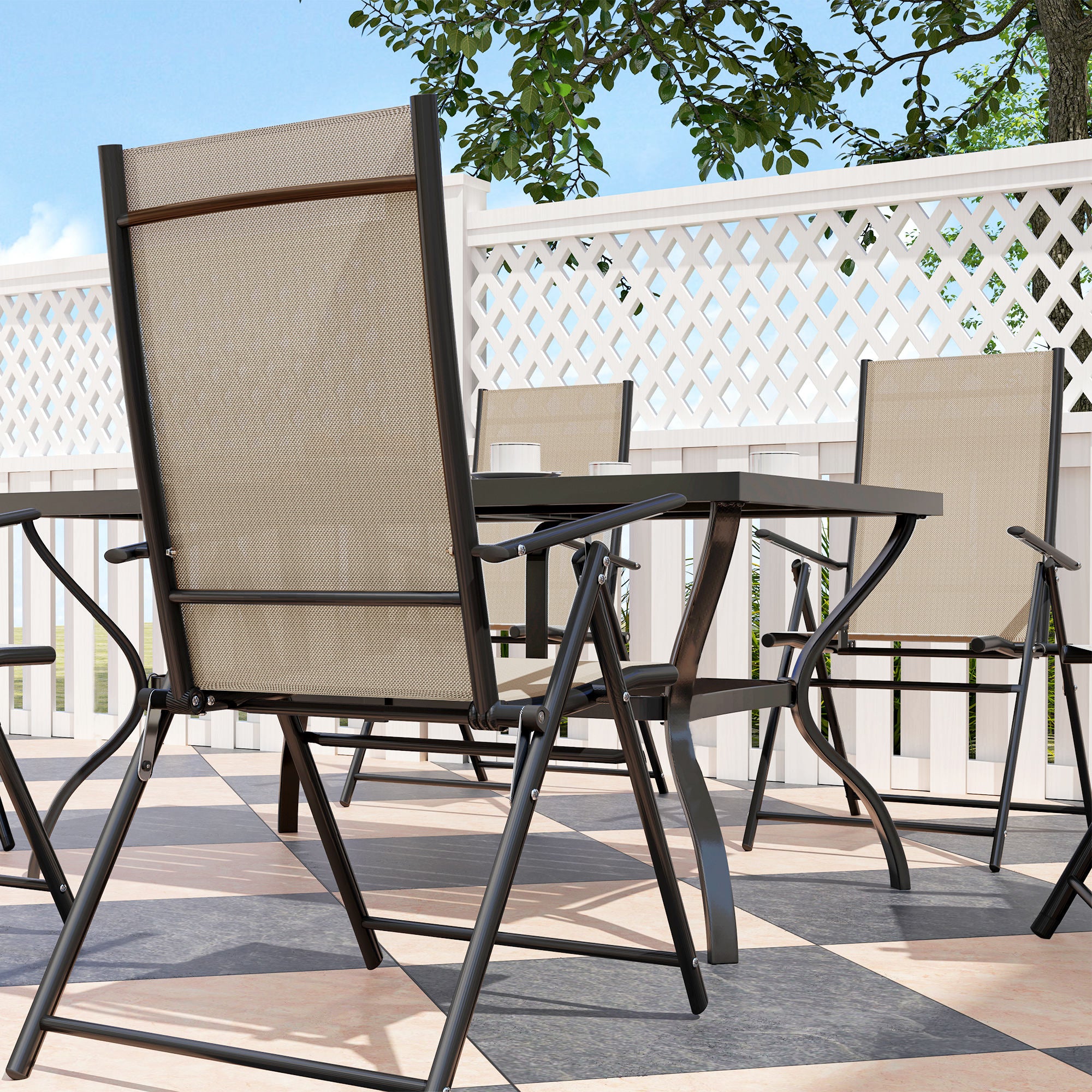 Seven-Piece Steel Outdoor Dining Set, with Parasol Hole - Khaki