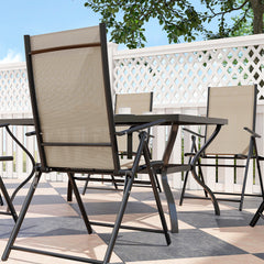 Seven-Piece Steel Outdoor Dining Set, with Parasol Hole - Khaki