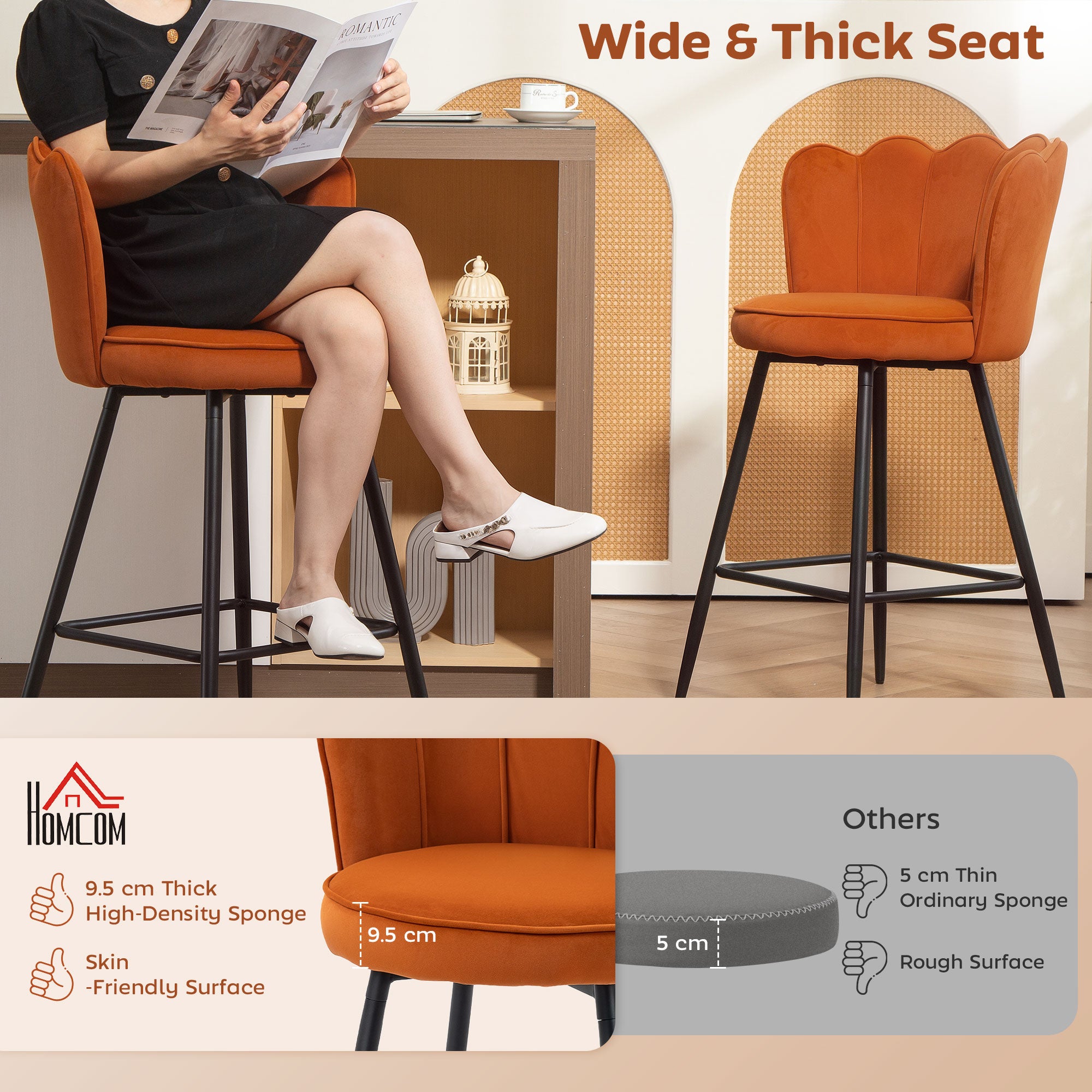 Fynco - Set of Two Velvet-Feel Lotus Bar Stools - Orange