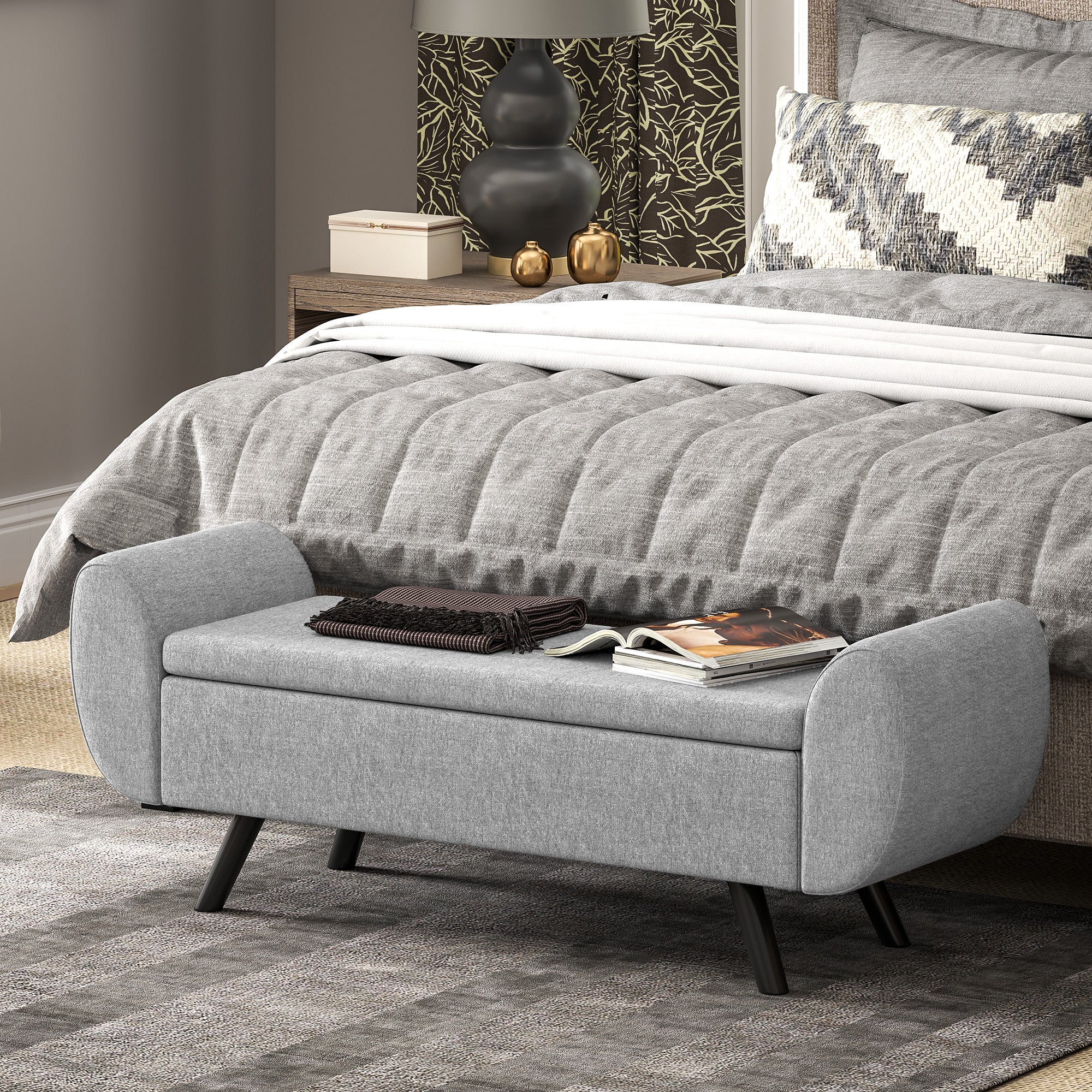 Storage Ottoman with Armrest, Upholstered Linen Storage Bench, Window Seat with Rubberwood Legs, Footstool for Bedroom Living Room, Hallway, Dark Grey