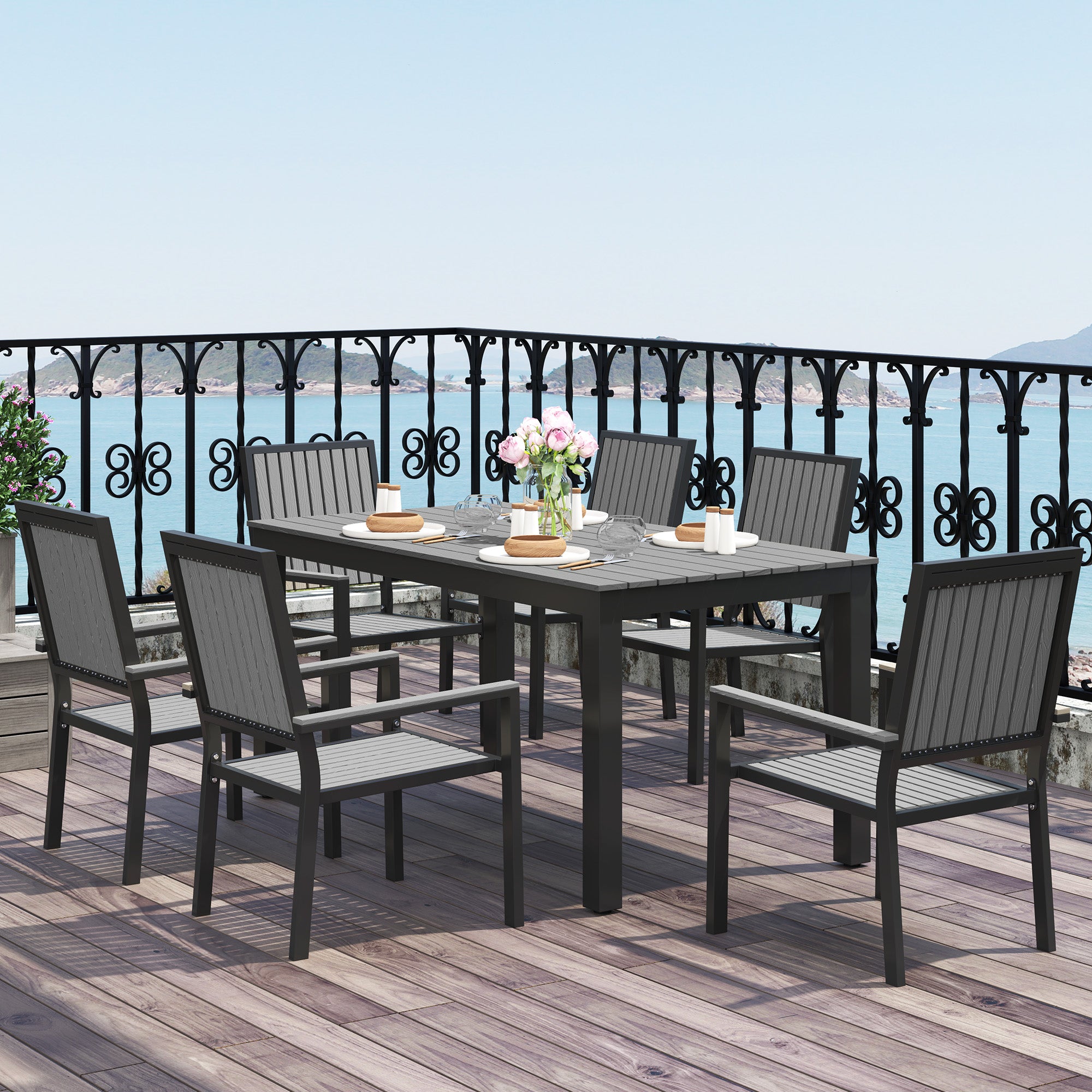 6 Seater Garden Dining Set with Stackable Chairs, Aluminium Frame, Rectangular Plastic Top, Garden Furniture Set, Outdoor Dining Table and Chairs for Patio, Balcony, Poolside, Grey