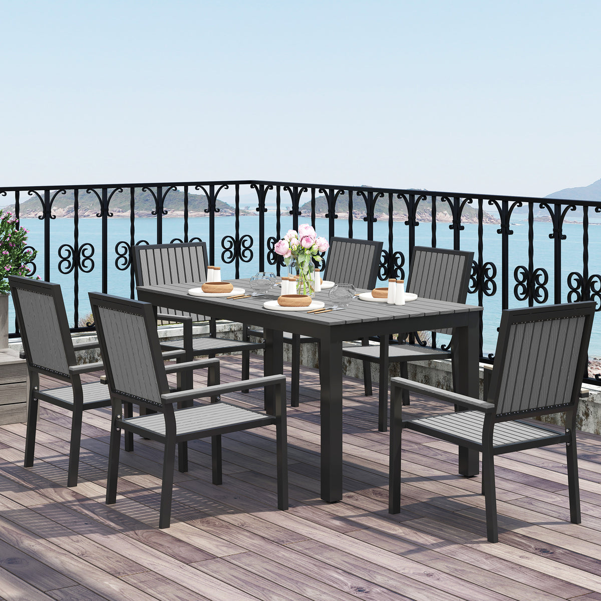 6 Seater Garden Dining Set with Stackable Chairs, Aluminium Frame, Rectangular Plastic Top, Garden Furniture Set, Outdoor Dining Table and Chairs for Patio, Balcony, Poolside, Grey