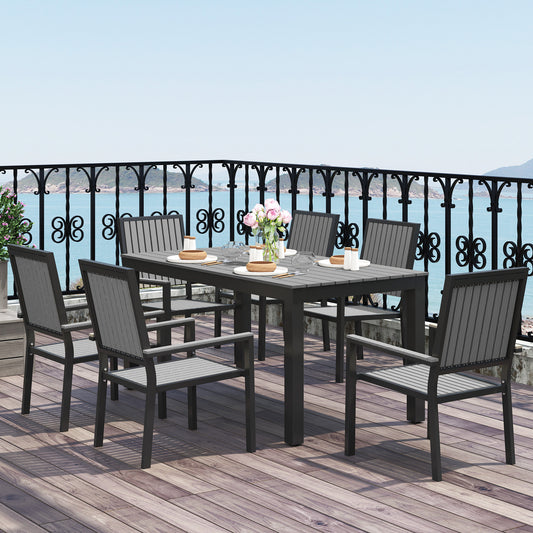 6 Seater Garden Dining Set with Stackable Chairs, Aluminium Frame, Rectangular Plastic Top, Garden Furniture Set, Outdoor Dining Table and Chairs for Patio, Balcony, Poolside, Grey