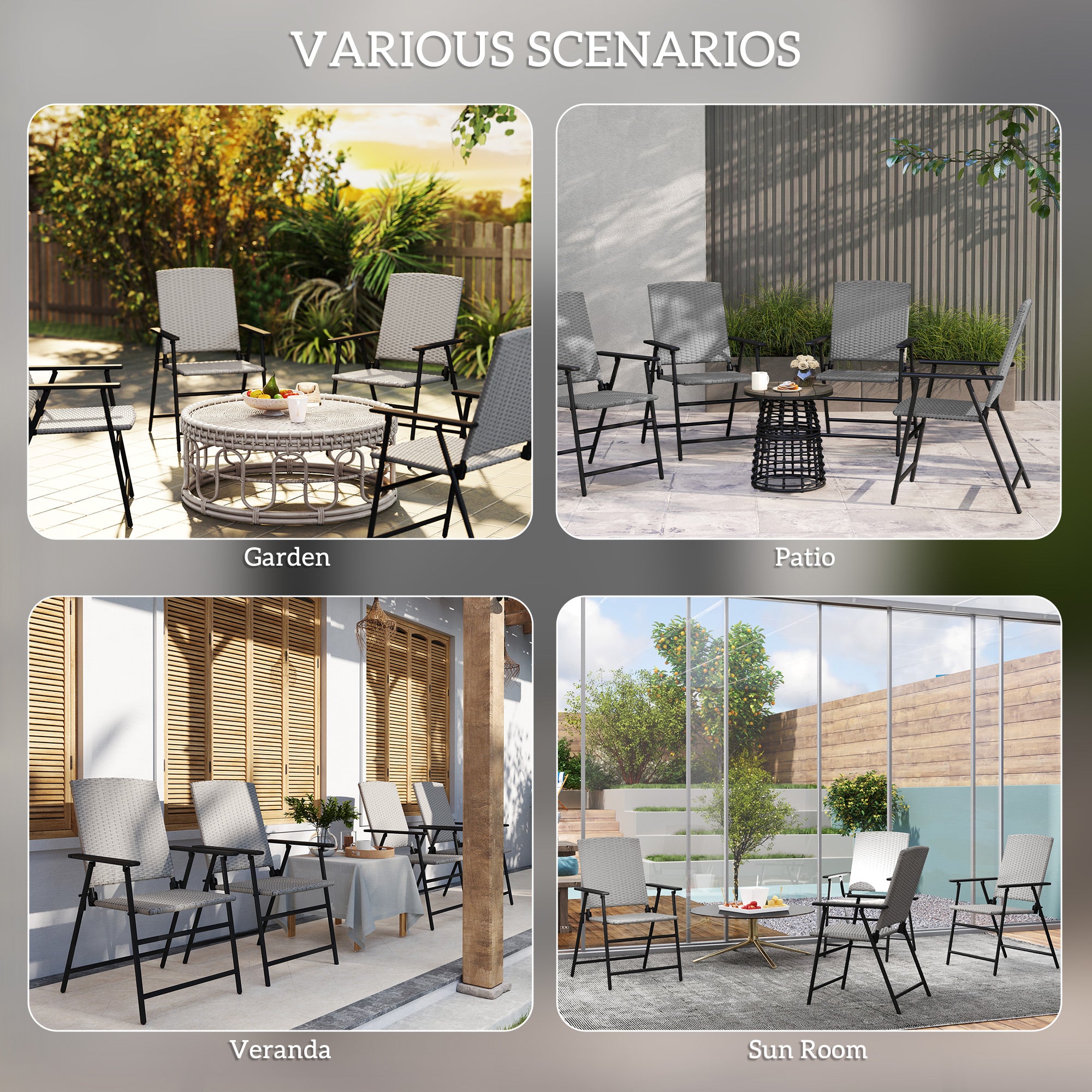 Set of Four Folding Rattan Seat Chairs - Grey
