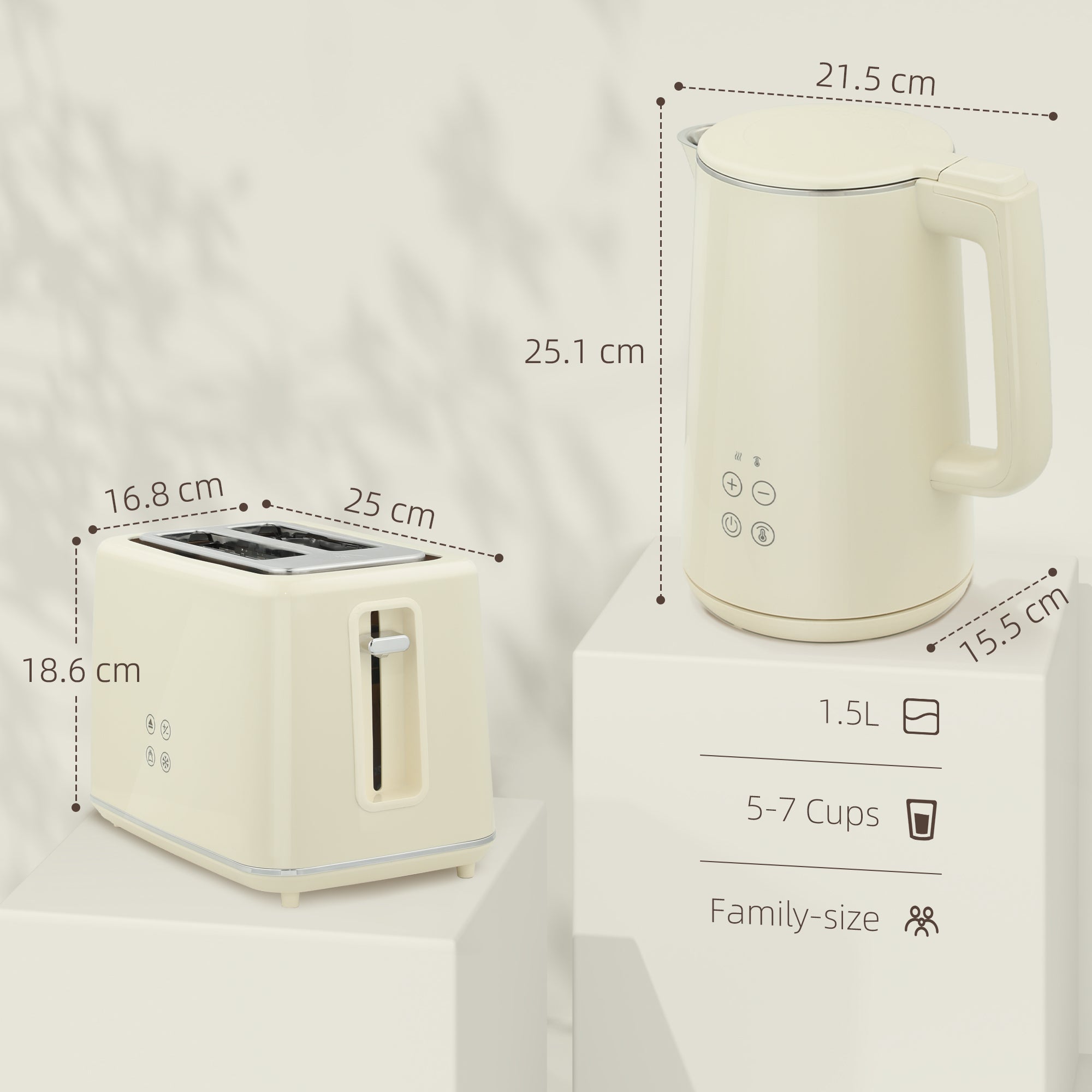 Digital Kettle and Toaster Set, 1.5L 3000W Fast Boil Kettle, 2 Slice Toaster Kitchen Set with 7 Level Browning Controls, Defrost, Reheat, Keep Warm, Crumb Tray and LED Touch Display, Beige