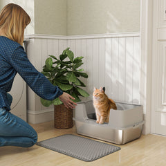 High Sided Stainless Steel Litter Box, Metal Cat Litter Tray with Metal Scoop, Litter Mat, Never Absorbs Odors, Grey