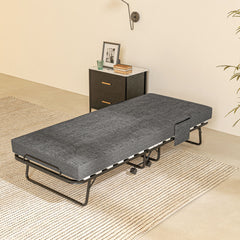 Single Steel Frame Folding Bed, with Wheels - Black/Grey