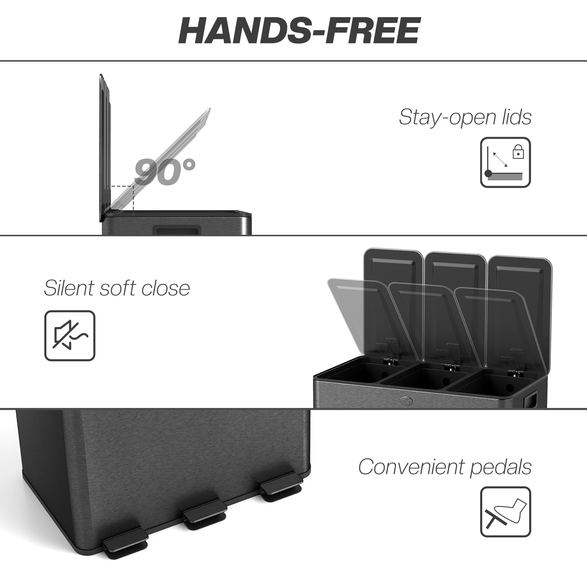 Fynco - 3 x 20L Pedal Bin, Steel Triple Kitchen Bin with Soft Close Lid, Removable Inner Buckets, Fingerprint-Proof, Black
