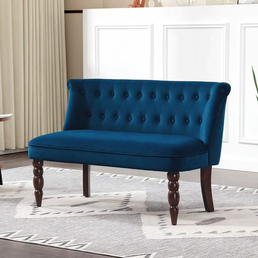 Fynco - Velvet 2 Seater Sofa, Button Tufted Wingback Loveseat with Rubber Wood Legs for Living Room, Bedroom, Dark Blue