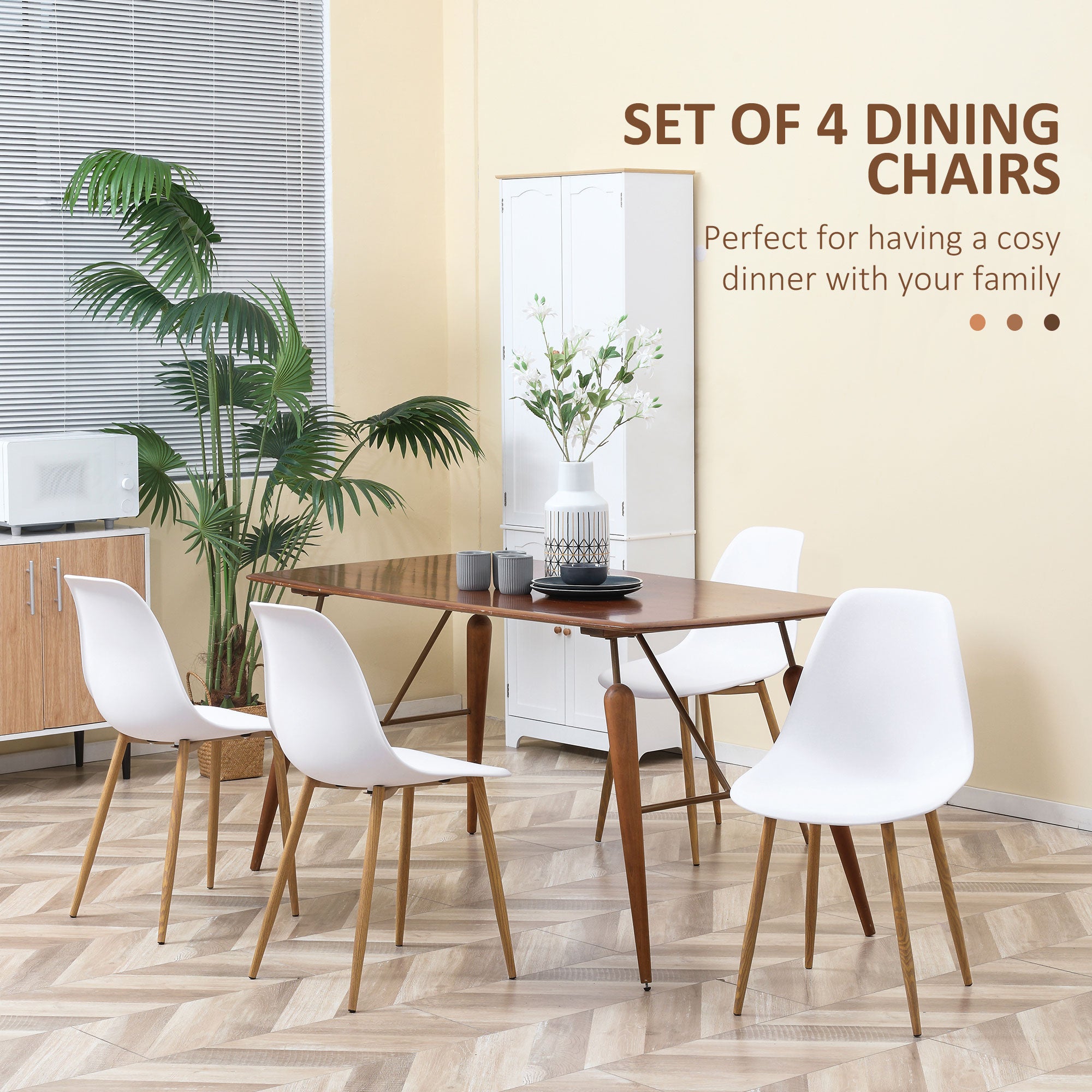 Modern Dining Chairs Set of 4, Kitchen Chairs with Backrest and Steel Legs for Dining Room, Living Room, White