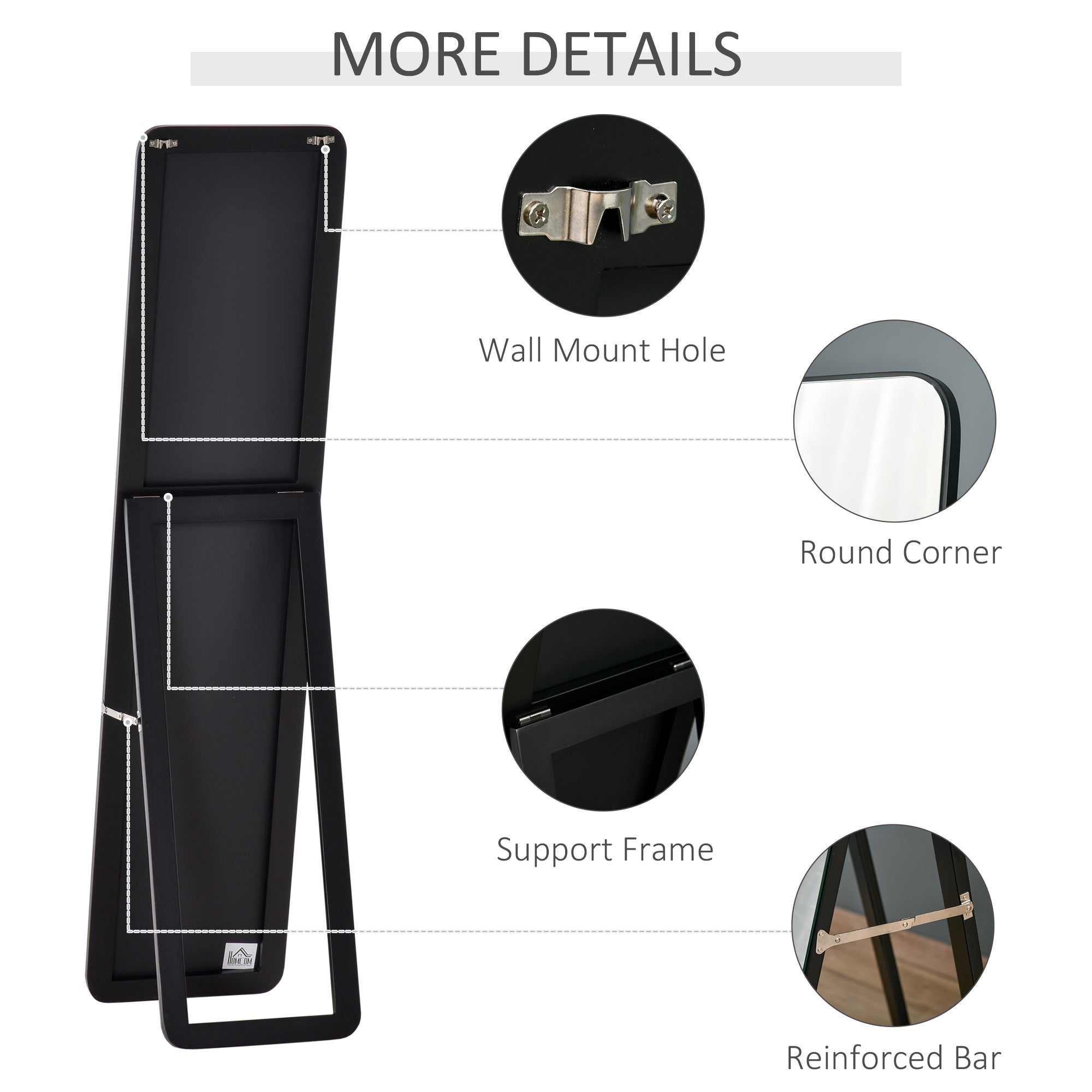 Full Length Mirror, 156 x 37 cm Rectangular Full Body Mirror with Stand, Floor Standing, Hanging or Leaning Against Wall for Bedroom Cloakroom, Black