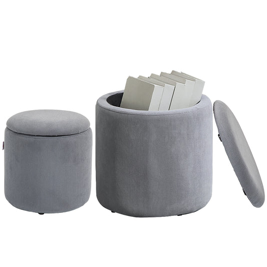 Set of Two Corduroy Storage Ottomans - Grey
