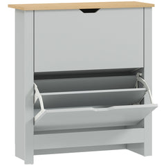 Fynco - Slim Shoe Cabinet, Narrow Shoe Cupboard with 2 Flip Drawers, Adjustable Shelves for 12 Pairs of Shoes, Light Grey