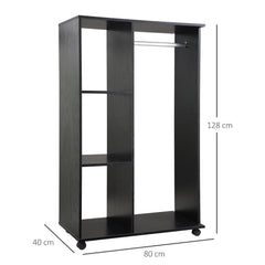 Open Wardrobe on Wheels, Bedroom Wardrobe with Clothes Hanging Rail, 3 Storage Shelves, Mobile Garment Rack for Cloakroom, Hallway, Black