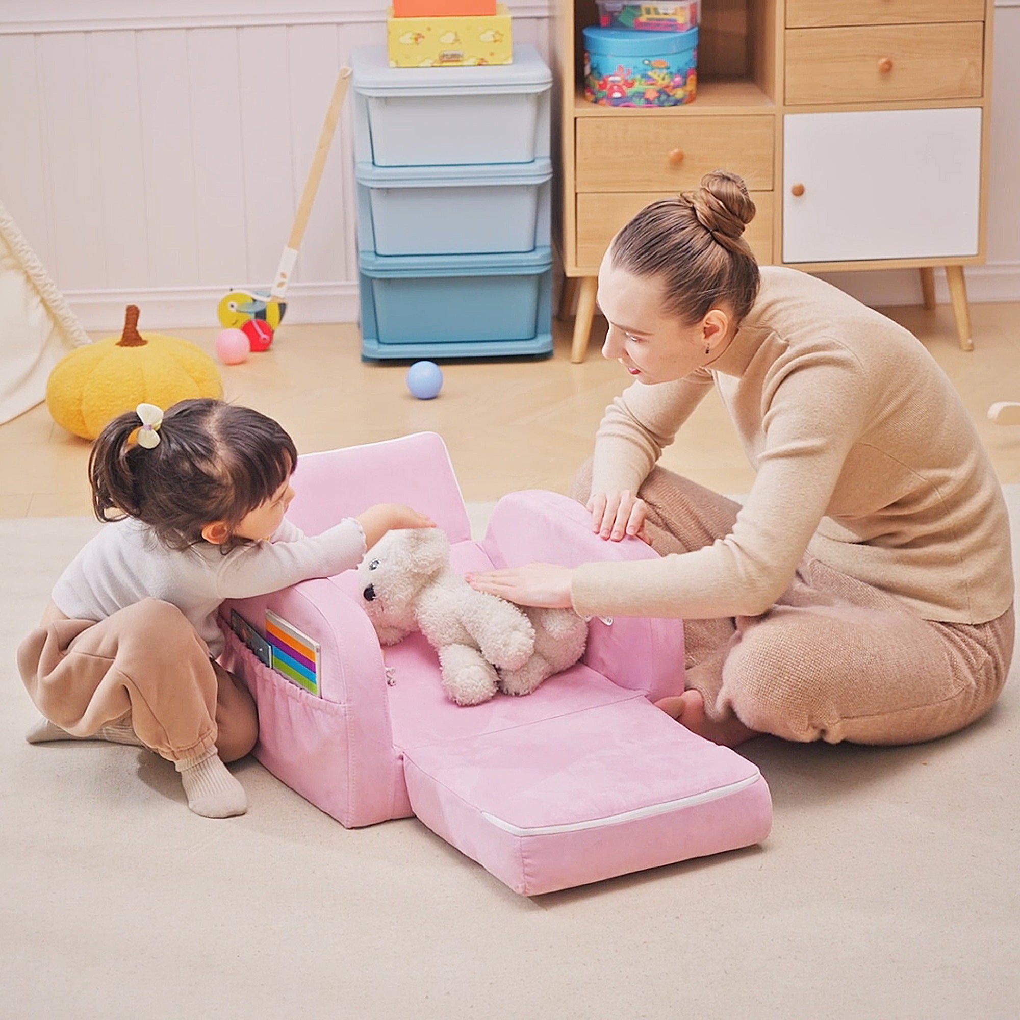 2-in-1 Kids Armchair, Toddler Sofa Bed, with Wood Frame, for Bedroom, Playroom - Pink