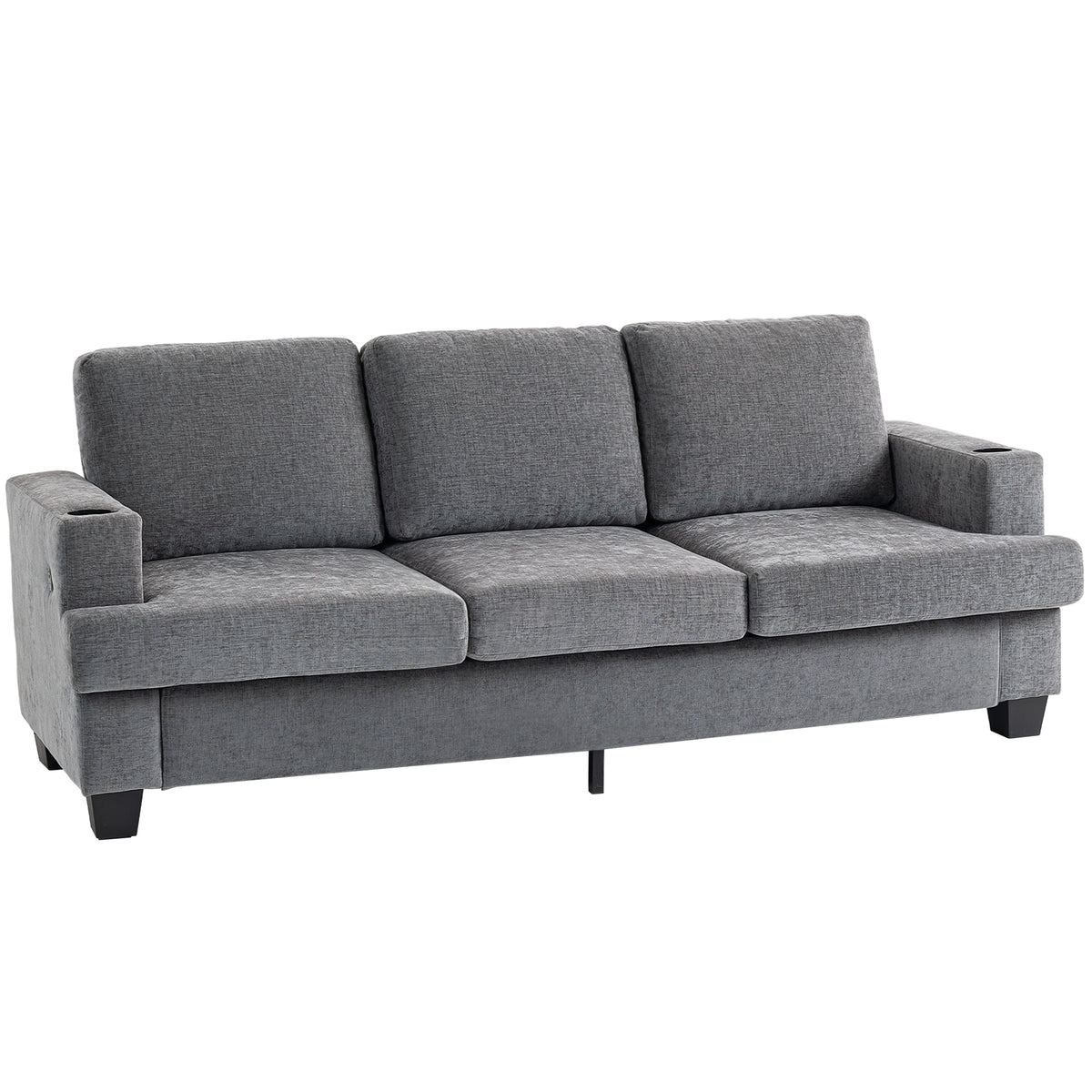 Fynco - 3 Seater Sofa with USB Ports & Cup Holders - Grey