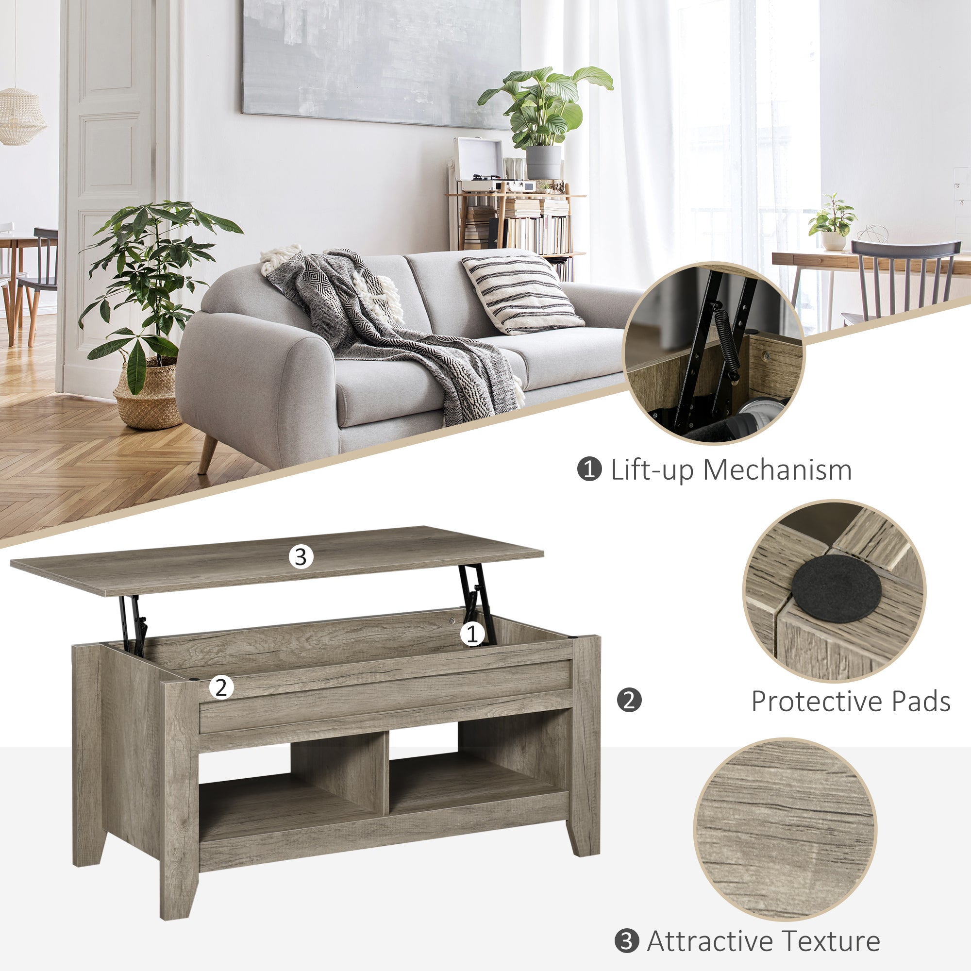 Lift Top Coffee Table w/ Hidden Storage Compartment Open Shelves Lift Tabletop Pop Up Centre Table for Living Room Oak Effect
