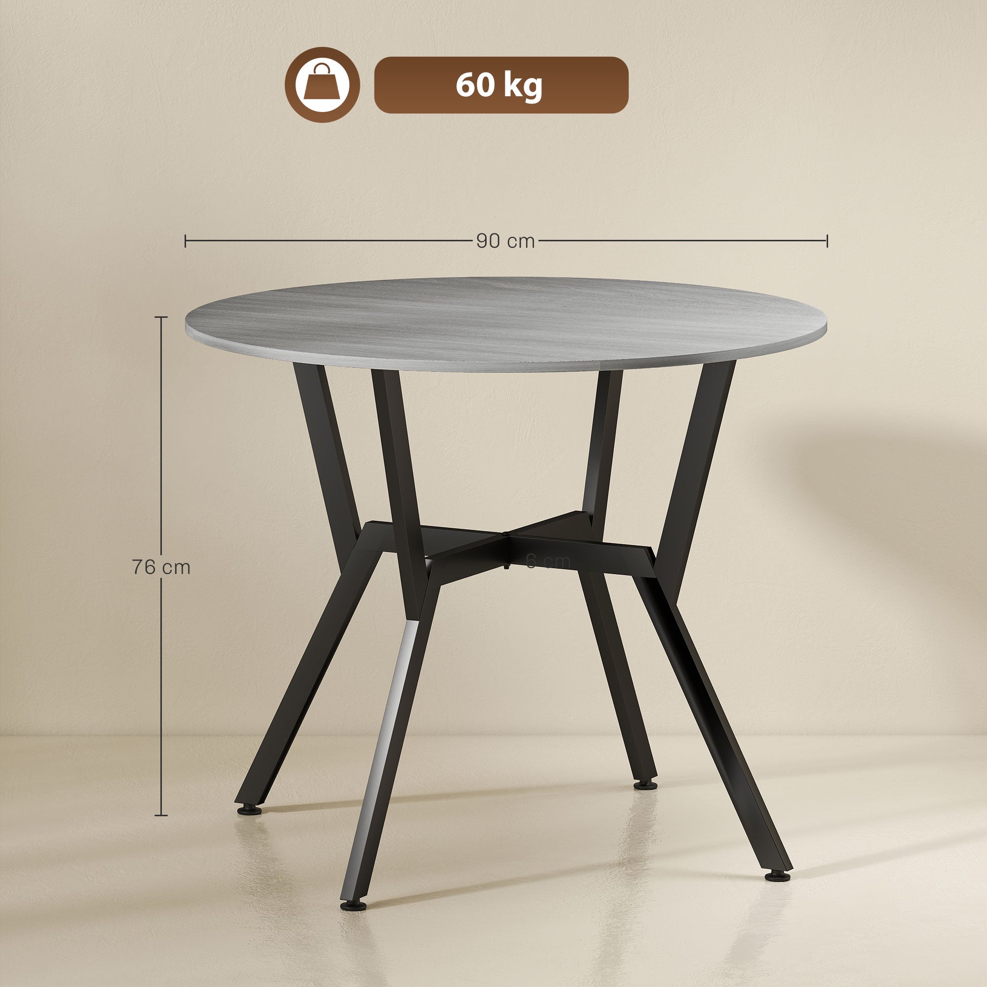 Fynco - Dining Table, Round Kitchen Table with Black Legs, Anti-slip Foot Pads for Living Room, Dining Room 90 x 76 cm, Grey