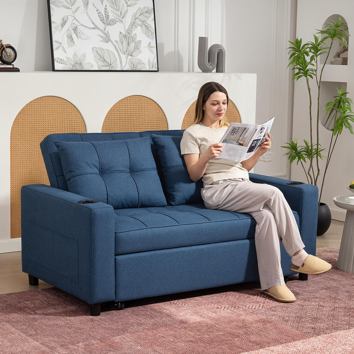 Two-Seater Pull-Out Sofa Bed - Dark Blue