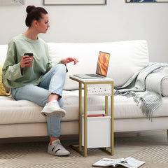 C Shaped Side Table with Charging Station and Faux Marble Top - White