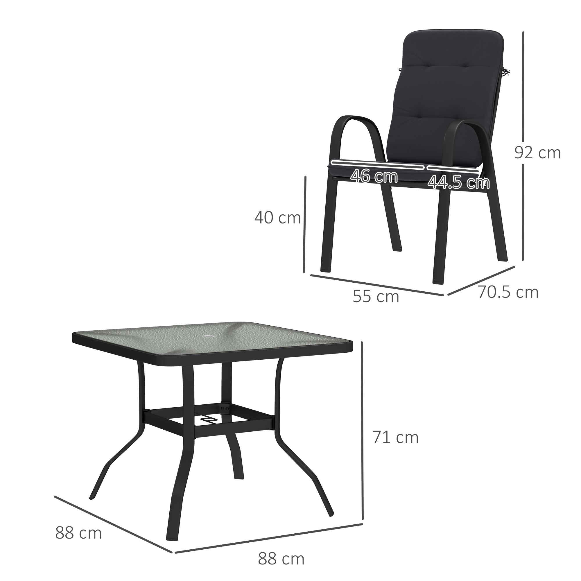 5 Pieces Outdoor Square Garden Dining Set w/ Tempered Glass Dining Table 4 Cushioned Armchairs, Umbrella Hole, Black