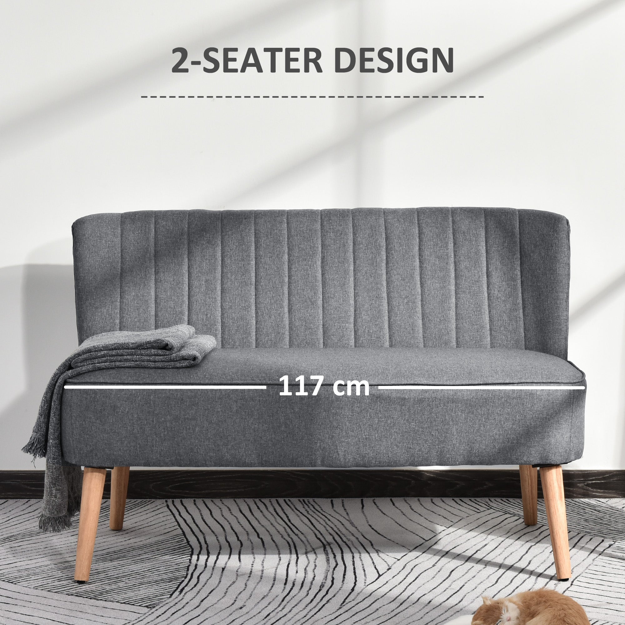 Modern Double Seat Sofa Loveseat Couch 2 Seater Compact Sofa Padded Linen Wood Leg Grey